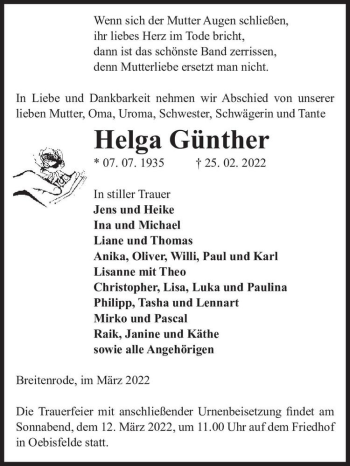 Traueranzeige von Helga Günther  von Magdeburger Volksstimme