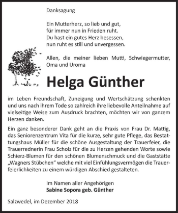Traueranzeige von Helga Günther  von Magdeburger Volksstimme