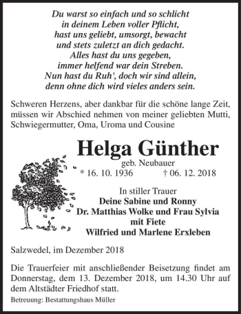Traueranzeige von Helga Günther (geb. Neubauer)  von Magdeburger Volksstimme