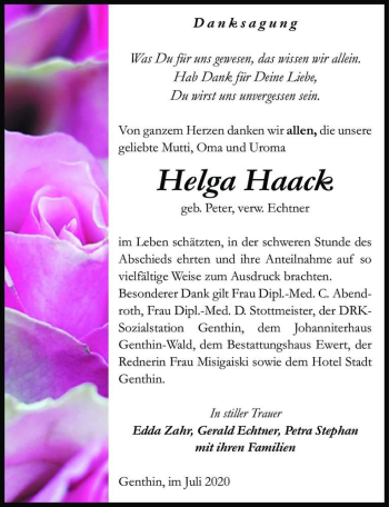 Traueranzeige von Helga Haack (geb. Peter, verw. Echtner)  von Magdeburger Volksstimme