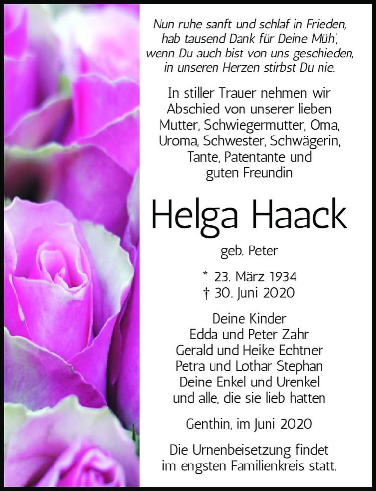  Traueranzeige für Helga Haack (geb. Peter)  vom 04.07.2020 aus Magdeburger Volksstimme