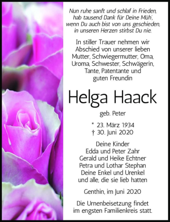 Traueranzeige von Helga Haack (geb. Peter)  von Magdeburger Volksstimme