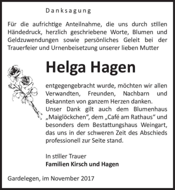 Traueranzeige von Helga Hagen  von Magdeburger Volksstimme