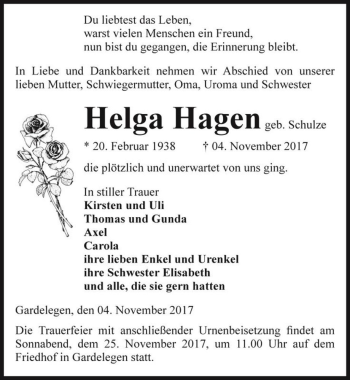 Traueranzeige von Helga Hagen (geb. Schulze)  von Magdeburger Volksstimme