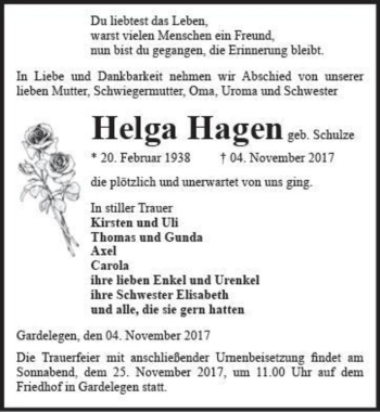 Traueranzeige von Helga Hagen (geb. Schulze)  von Magdeburger Volksstimme