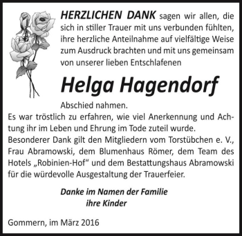 Traueranzeige von Helga Hagendorf  von Magdeburger Volksstimme