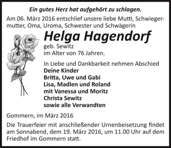 Traueranzeige von Helga Hagendorf (geb. Sewitz)  von Magdeburger Volksstimme