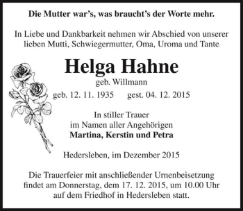 Traueranzeige von Helga Hahne (geb. Willmann)  von Magdeburger Volksstimme