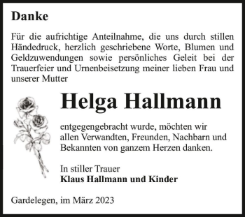 Traueranzeige von Helga Hallmann  von Magdeburger Volksstimme