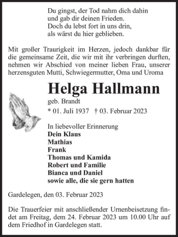 Traueranzeige von Helga Hallmann (geb. Brandt)  von Magdeburger Volksstimme