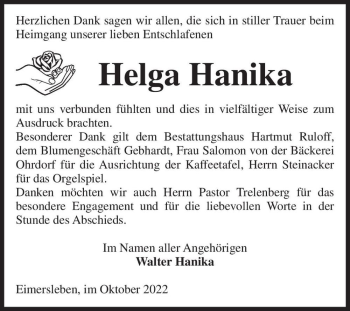 Traueranzeige von Helga Hanika  von Magdeburger Volksstimme