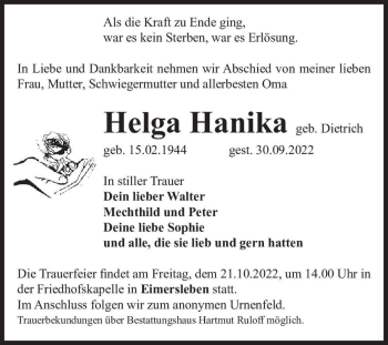 Traueranzeige von Helga Hanika (geb. Dietrich)  von Magdeburger Volksstimme
