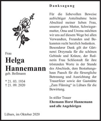 Traueranzeige von Helga Hannemann (geb. Bollmann)  von Magdeburger Volksstimme