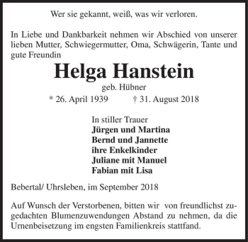 Traueranzeige von Helga Hanstein (geb. Hübner)  von Magdeburger Volksstimme