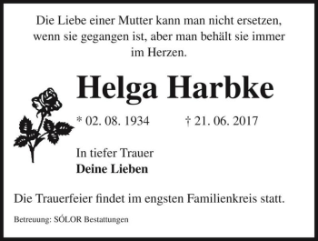 Traueranzeige von Helga Harbke  von Magdeburger Volksstimme