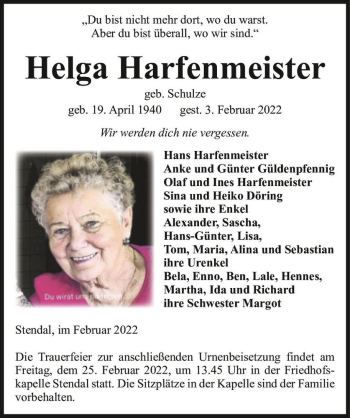 Traueranzeige von Helga Harfenmeister (geb.  Schulze)  von Magdeburger Volksstimme