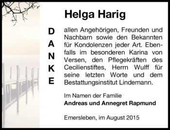 Traueranzeige von Helga Harig  von Magdeburger Volksstimme