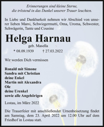 Traueranzeige von Helga Harnau (geb. Masella)  von Magdeburger Volksstimme