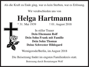 Traueranzeige von Helga Hartmann  von Magdeburger Volksstimme