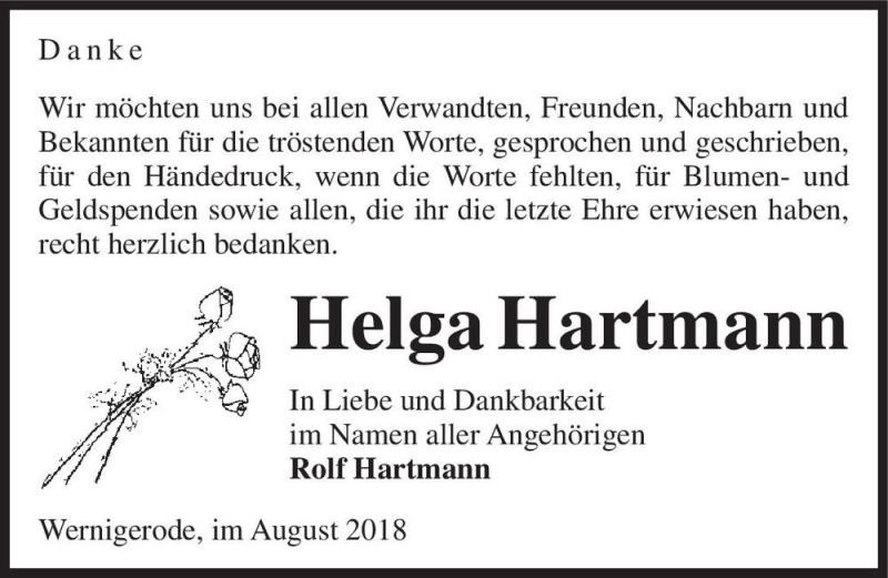  Traueranzeige für Helga Hartmann  vom 25.08.2018 aus Magdeburger Volksstimme