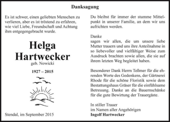 Traueranzeige von Helga Hartwecker geb. Nowicki  von Magdeburger Volksstimme