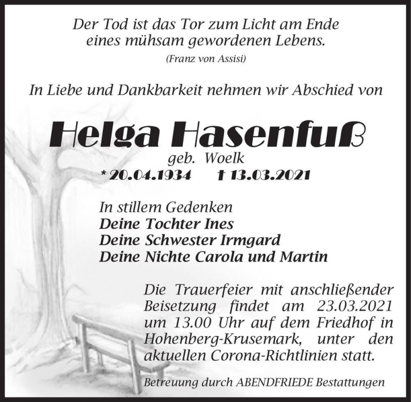  Traueranzeige für Helga Hasenfuß (geb. Woelk)  vom 20.03.2021 aus Magdeburger Volksstimme