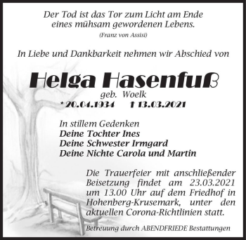 Traueranzeige von Helga Hasenfuß (geb. Woelk)  von Magdeburger Volksstimme