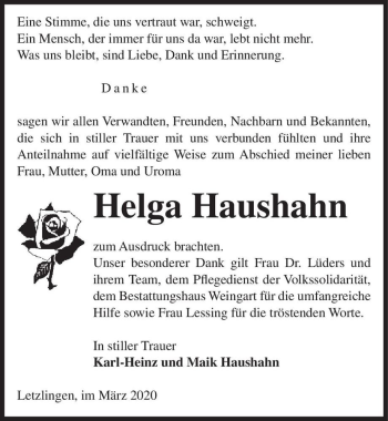 Traueranzeige von Helga Haushahn  von Magdeburger Volksstimme