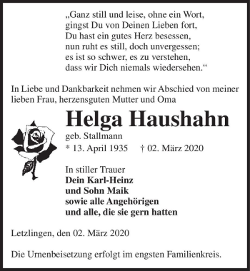 Traueranzeige von Helga Haushahn (geb. Stallmann)  von Magdeburger Volksstimme