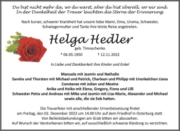 Traueranzeige von Helga Hedler (geb. Timoschenko)  von Magdeburger Volksstimme