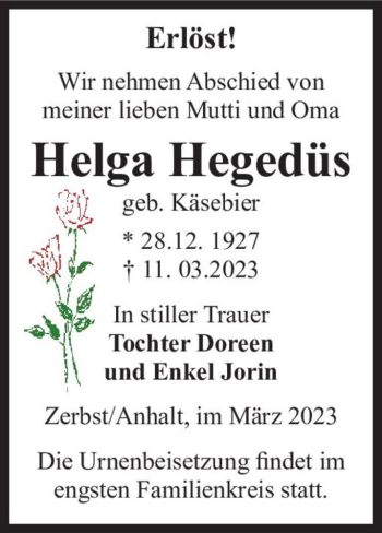 Traueranzeige von Helga Hegedüs (geb. Käsebier)  von Magdeburger Volksstimme