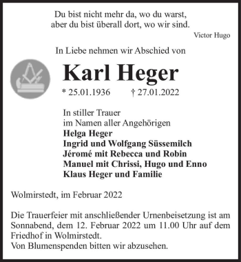 Traueranzeige von Helga Heger  von Magdeburger Volksstimme