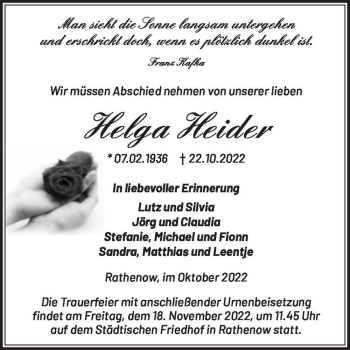 Traueranzeige von Helga Heider  von Magdeburger Volksstimme