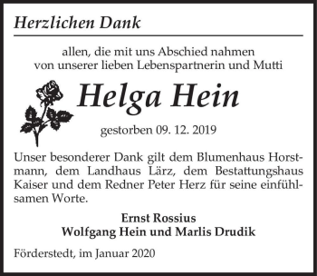Traueranzeige von Helga Hein  von Magdeburger Volksstimme