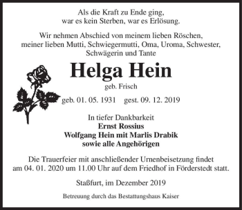 Traueranzeige von Helga Hein (geb. Frisch)  von Magdeburger Volksstimme