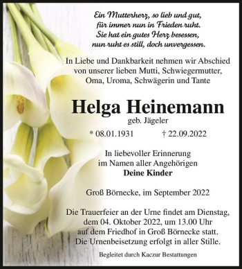 Traueranzeige von Helga Heinemann (geb. Jägeler)  von Magdeburger Volksstimme