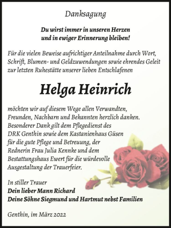 Traueranzeige von Helga Heinrich  von Magdeburger Volksstimme