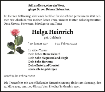 Traueranzeige von Helga Heinrich (geb. Goldbeck)  von Magdeburger Volksstimme