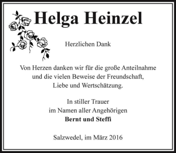 Traueranzeige von Helga Heinzel  von Magdeburger Volksstimme