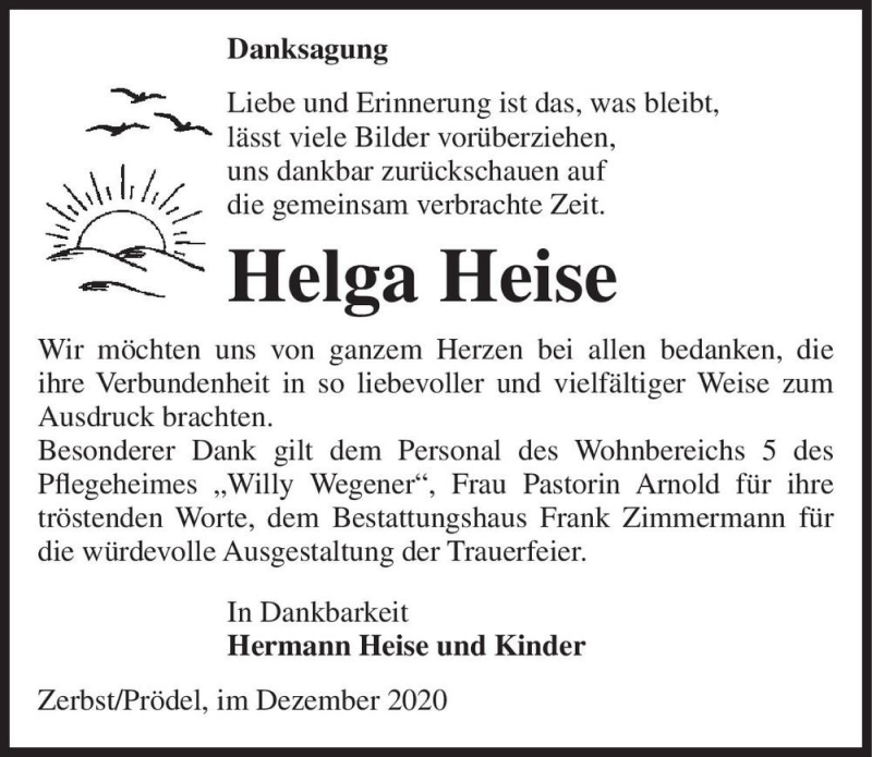  Traueranzeige für Helga Heise  vom 30.12.2020 aus Magdeburger Volksstimme