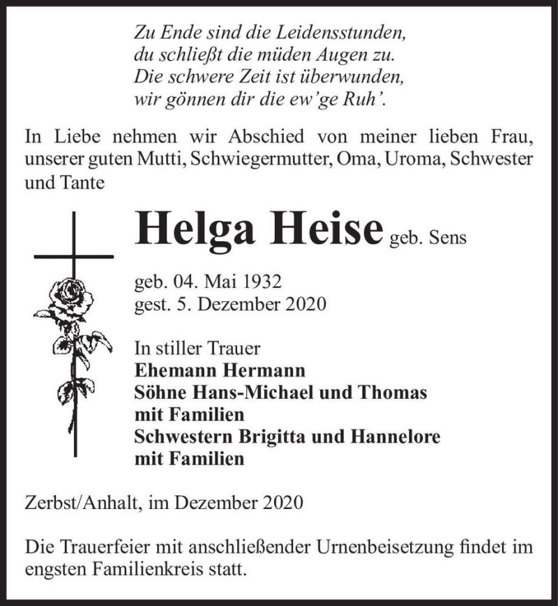  Traueranzeige für Helga Heise (geb. Sens)  vom 12.12.2020 aus Magdeburger Volksstimme