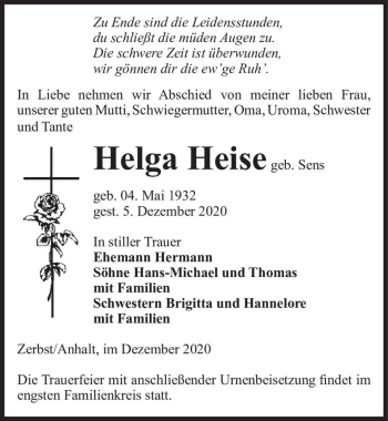 Traueranzeige von Helga Heise (geb. Sens)  von Magdeburger Volksstimme