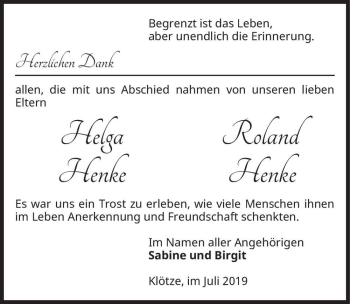 Traueranzeige von Helga Henke, Roland Henke  von Magdeburger Volksstimme
