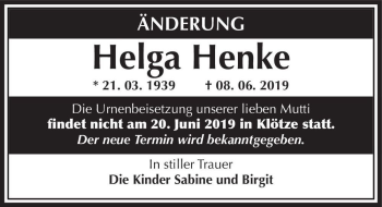 Traueranzeige von Helga Henke  von Magdeburger Volksstimme