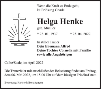Traueranzeige von Helga Henke (geb. Mueller)  von Magdeburger Volksstimme