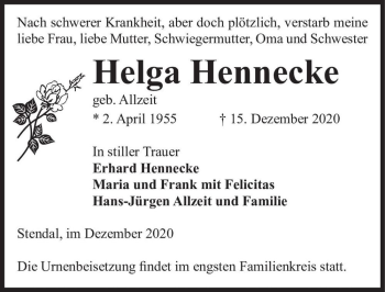 Traueranzeige von Helga Hennecke (geb. Allzeit)  von Magdeburger Volksstimme