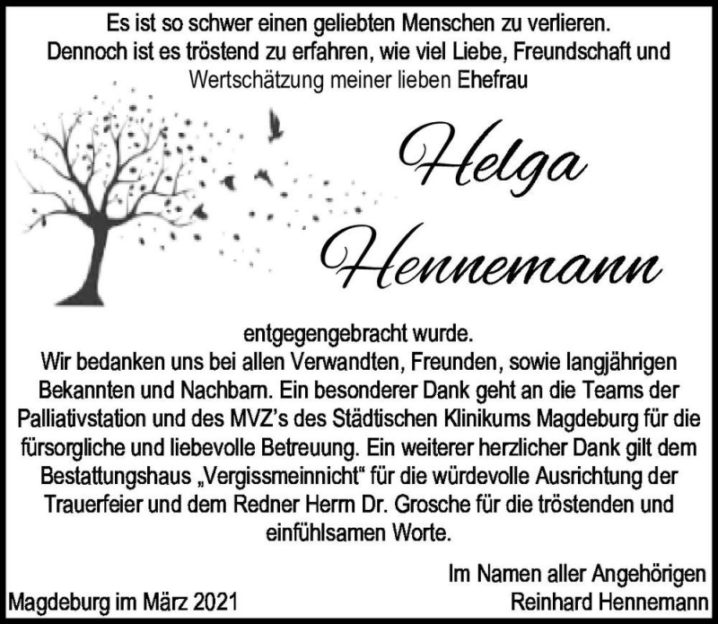  Traueranzeige für Helga Hennemann  vom 10.04.2021 aus Magdeburger Volksstimme