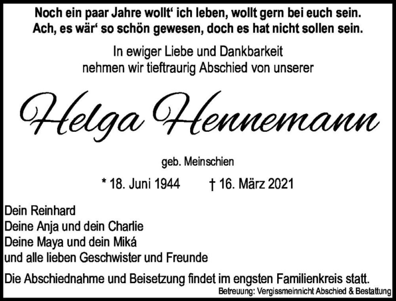  Traueranzeige für Helga Hennemann (geb. Meinschien)  vom 20.03.2021 aus Magdeburger Volksstimme