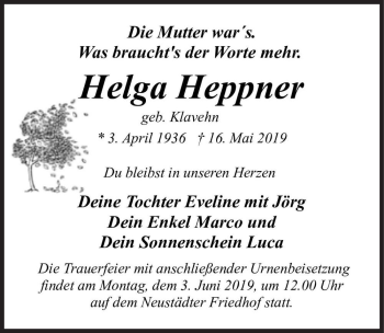 Traueranzeige von Helga Heppner (geb. Klavehn)  von Magdeburger Volksstimme