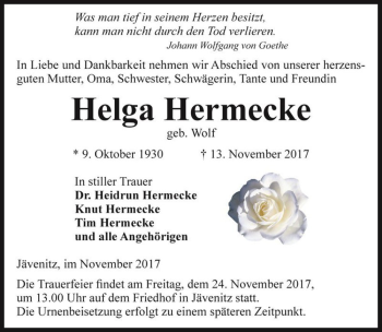 Traueranzeige von Helga Hermecke (geb. Wolf)  von Magdeburger Volksstimme
